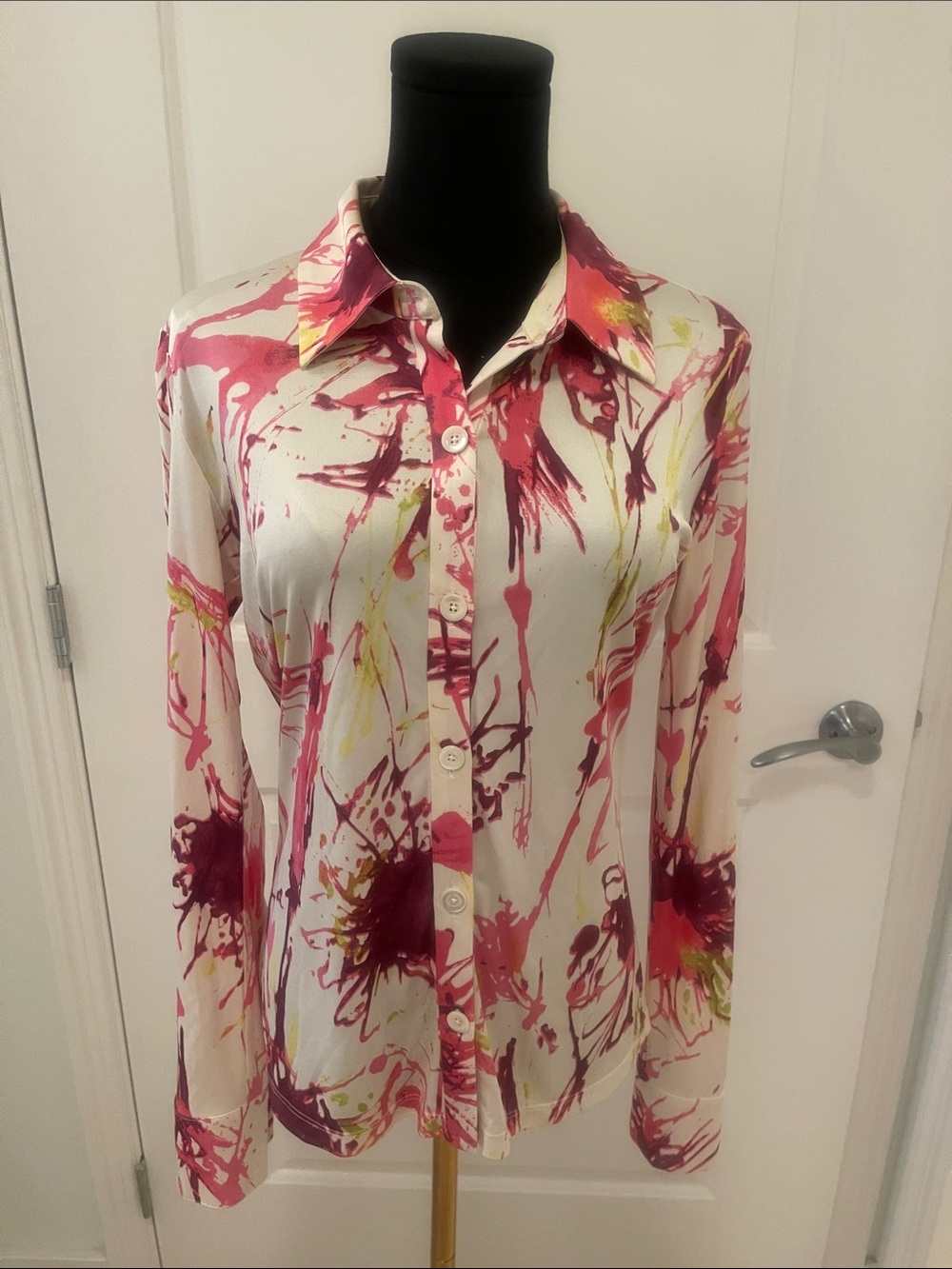 Pink Tartan Cream Blouse with Pink, Burgundy & Lime Paint-Splash Print